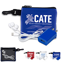 Mobile Tech Earbud and Charger Kit in Mesh Zipper Pouch Components inserted into Zipper Pouch